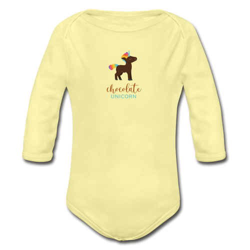 Chocolate Unicorn (Male) Organic Long Sleeve Baby Bodysuit - washed yellow