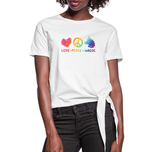 LOVE, PEACE, & MAGIC Women's Knotted T-Shirt - white