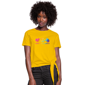 LOVE, PEACE, & MAGIC Women's Knotted T-Shirt - sun yellow