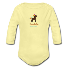 Load image into Gallery viewer, Chocolate Unicorn (Male) Organic Long Sleeve Baby Bodysuit - washed yellow
