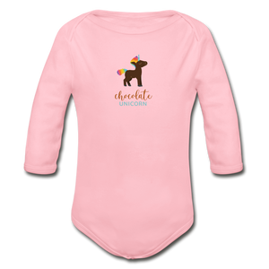 Chocolate Unicorn (Male) Organic Long Sleeve Baby Bodysuit - light pink
