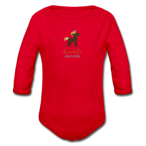 Chocolate Unicorn (Male) Organic Long Sleeve Baby Bodysuit - red