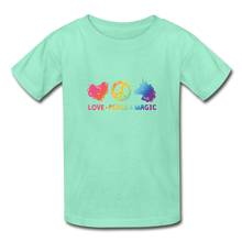 Load image into Gallery viewer, LOVE, PEACE, &amp; MAGIC Hanes Youth Tagless T-Shirt - deep mint
