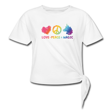 Load image into Gallery viewer, LOVE, PEACE, &amp; MAGIC Women&#39;s Knotted T-Shirt - white

