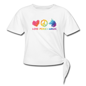 LOVE, PEACE, & MAGIC Women's Knotted T-Shirt - white