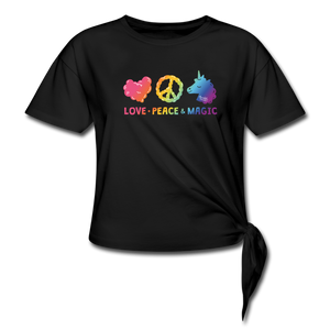 LOVE, PEACE, & MAGIC Women's Knotted T-Shirt - black