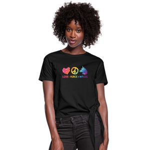 LOVE, PEACE, & MAGIC Women's Knotted T-Shirt - black