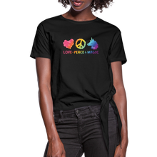 Load image into Gallery viewer, LOVE, PEACE, &amp; MAGIC Women&#39;s Knotted T-Shirt - black
