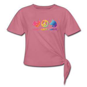 LOVE, PEACE, & MAGIC Women's Knotted T-Shirt - mauve